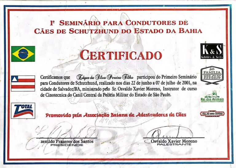 CErtificado Seminário de condutores de Caes Shutzhund